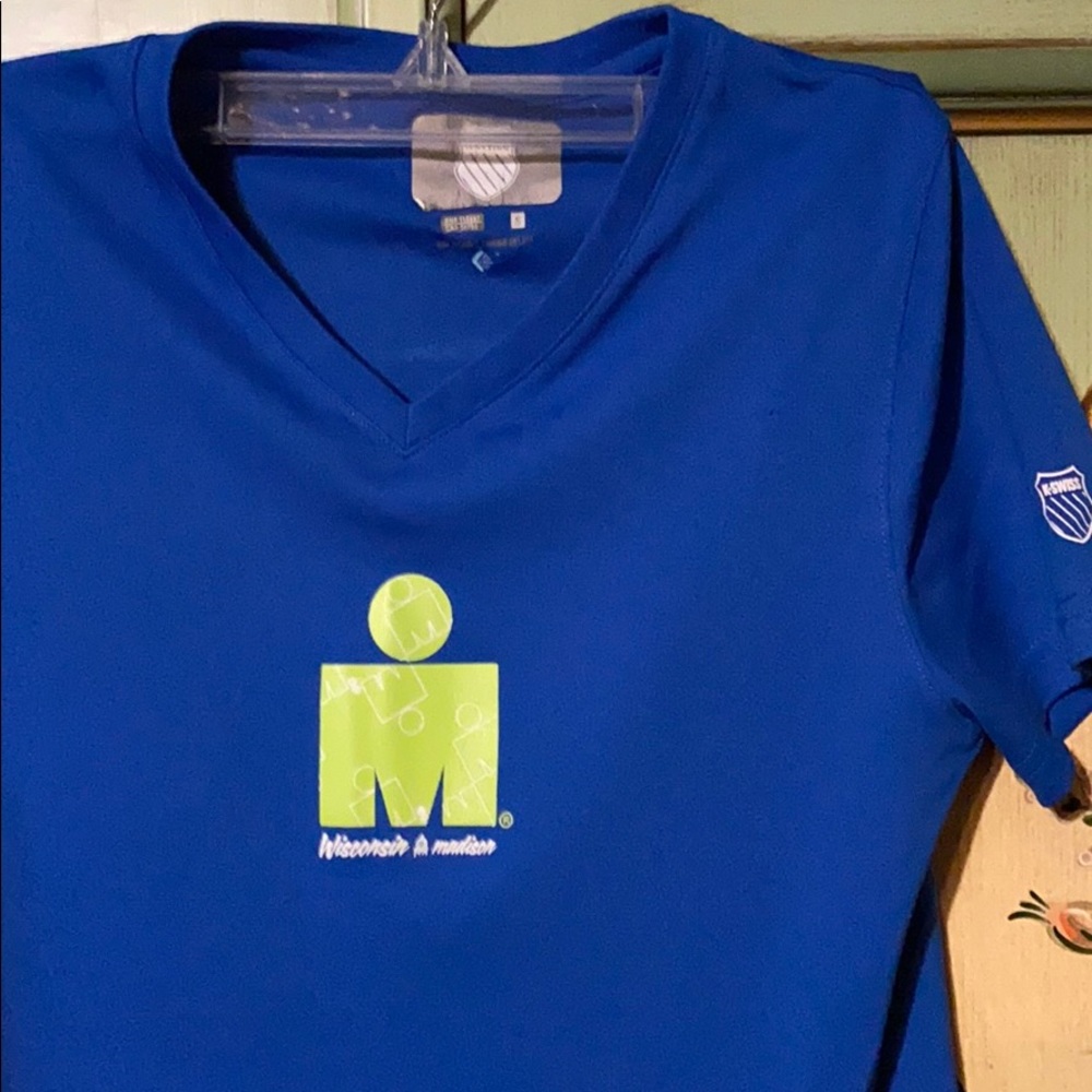 Ironman Wisconsin fitted blue top w green IM
